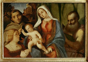 Sacra Conversazione : Madone et enfant, Saint Antoine, Saint Jérôme et donateur ... (peinture sur toile)