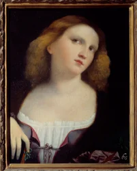 Portrait de femme, peinture sur bois transposée sur toile par Jacopo Palma il Vecchio (1480-1528)