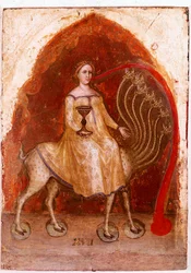 Panneau gauche du Polyptyque de la Révélation : la bête a sept têtes et la Femme, assise dessus, prostituée riche. Détrempe sur bois