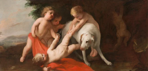 Putti jouant avec un chien