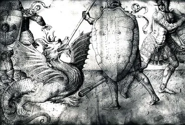 Guerriers combattant un dragon, c.1450