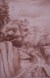 Vue du monastère de La Verna, la route menant au monastère, c.1607-12