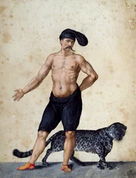 Jeune homme africain debout devant, à moitié habillé portant une longue berrette sur la tête, avec un tigre derrière lui, dessin de Jacopo Ligozzi