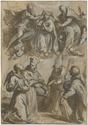 Quatre saints en adoration et le couronnement de la Vierge Marie