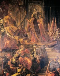 Ambassadeurs du pape et Vénitiens plaidant en vain pour la paix avec Barberousse, par Jacopo Tintoretto (1519-1594) et son atelier, Grande Salle du Conseil, Palais des Doges, Venise, Italie