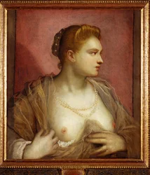 Dame exposant sa poitrine ; peut-être la célèbre courtisane vénitienne Veronica Franco ... (peinture sur toile)