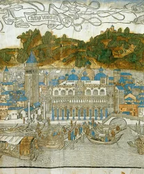Venise et le vieux campanile avant sa destruction par un tremblement de terre, tiré de Pregrinatio in Terram Sanctam, imprimé pour la première fois en 1486 ... (gravure sur bois)