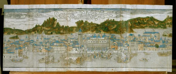 Venise avec la place Saint-Marc, le palais des Doges et le vieux campanile ... (gravure sur bois)