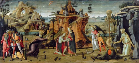 Paysage avec scènes bibliques et légendes des saints