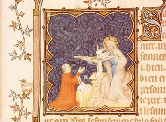 Jean de France (1340-1416) Duc de Berry priant devant le Christ crucifié, des Petites Heures du Duc de Berry, vers 1385-90