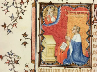 Ms Lat 18014 Jean de France (1340-1416) Duc de Berry priant devant le Père Éternel, des Petites Heures du Duc de Berry, vers 1385-90