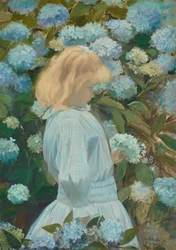 Jeune fille avec hortensias
