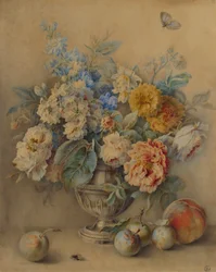 Fleurs dans un Caster en Argent, Fruits au Premier Plan