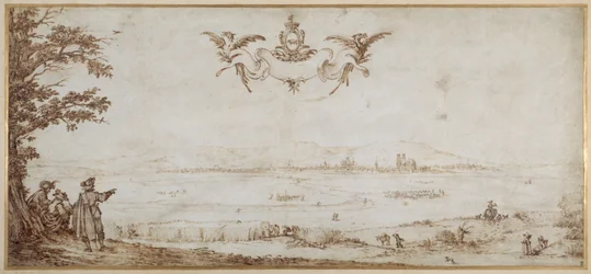 Vue de Toul à travers la plaine, paysage avec figures, le ciel avec les armes des Porcellets