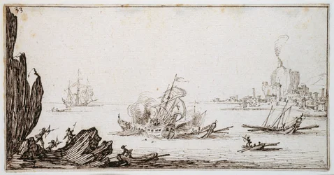 Une galère éperonnée au milieu par un vaisseau de guerre à voile en vue du port, vers 1617