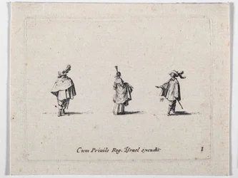 Une dame à la jupe froncée et deux cavaliers, d