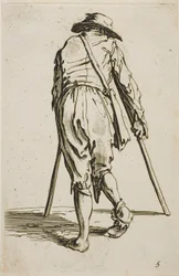 Mendiant sur des béquilles et portant un chapeau, vu de dos, planche cinq de Les Mendiants