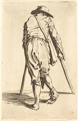 Mendiant avec des béquilles et un chapeau, vue de dos