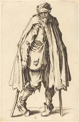 Mendiant avec des béquilles et un sac
