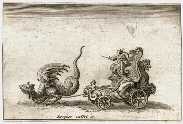 Combat a la barriere : Un char tiré par un dragon ... (gravure)