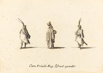 Dame en long manteau et deux gentilshommes