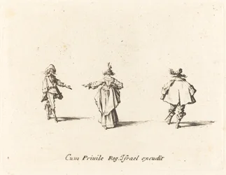 Dame avec un bras tendu, vue de dos, et deux gentilshommes