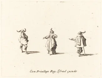 Dame avec un bras tendu, et deux gentilshommes