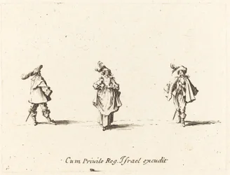 Dame avec des plumes et deux gentilshommes