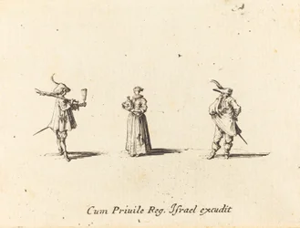 Dame avec une bouteille de vin, et deux gentilshommes