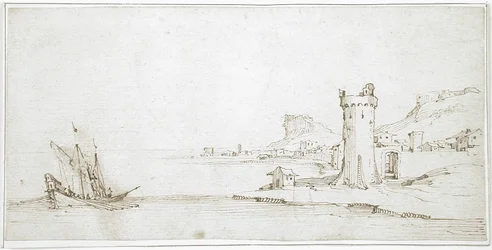 Paysage avec tour et bateau