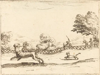 Lionne et lionceau poursuivis par des chasseurs