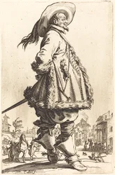 Noble avec manteau bordé de fourrure, les mains derrière le dos
