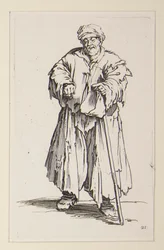 Homme obèse aux yeux baissés, des Mendiants