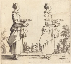 Paysanne avec panier, de profil, face à droite