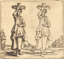 Paysanne avec panier sur la tête, vue de face
