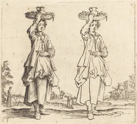 Paysanne avec panier sur la tête, vue de face