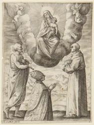 Le pape Boniface VIII avec saint François et saint Crépin adorant la Vierge et l