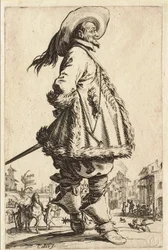 Le gentilhomme au manteau bordé de fourrures tenant ses mains derrière le dos
