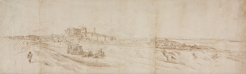 Vue du Castello Bracciano, près de Rome avec carrosse et personnages