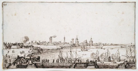 Vue du port de La Rochelle avec des galions tirant une salve