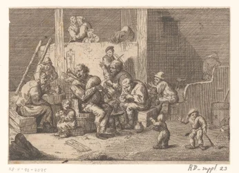 Intérieur avec joueur de cornemuse et violoniste et deux chanteurs