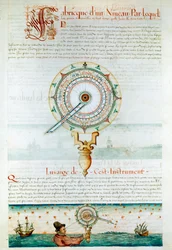 Instruments de navigation : navigateur utilisant un astrolabe. Page tirée de « Les Premières Œuvres de Jacques Devaulx Pilote en la Marine »