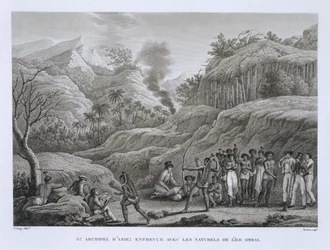 Grand Archipel Asiatique : Explorateurs français avec des indigènes sur l
