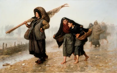 Les ramasseuses de coquillages. Paysanes, pieds nus ou chausses de sabots, rentrant avec leurs paniers remplis de coquillages et se protegeant de la pluie. Peinture de Jacques Eugene Feyen (1815-1908). Huile sur toile. Collection privee.
