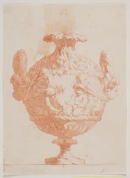 Vase ornemental avec deux têtes et deux putti. Copie d
