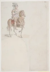 Cavalier en costume romain avec casque à plumes. De plus, deux esquisses faibles en rouge de hommes debout et à demi-agenouillés.