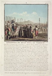 Henri II (1519-59) reçoit les clés de Metz, Toul et Verdun (1552), gravé par Jean Baptiste Morret (fl.1790-1820), 1790