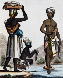 Blanchisseuses de Saint-Domingue, gravure en couleur d