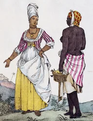 Femme noire et femme mulâtre de Saint-Domingue, gravure en couleur d