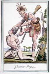 Guerrier iroquois scalpant son ennemi - dans « Encyclopédie des voyages » par Grasset St Sauveur, Paris